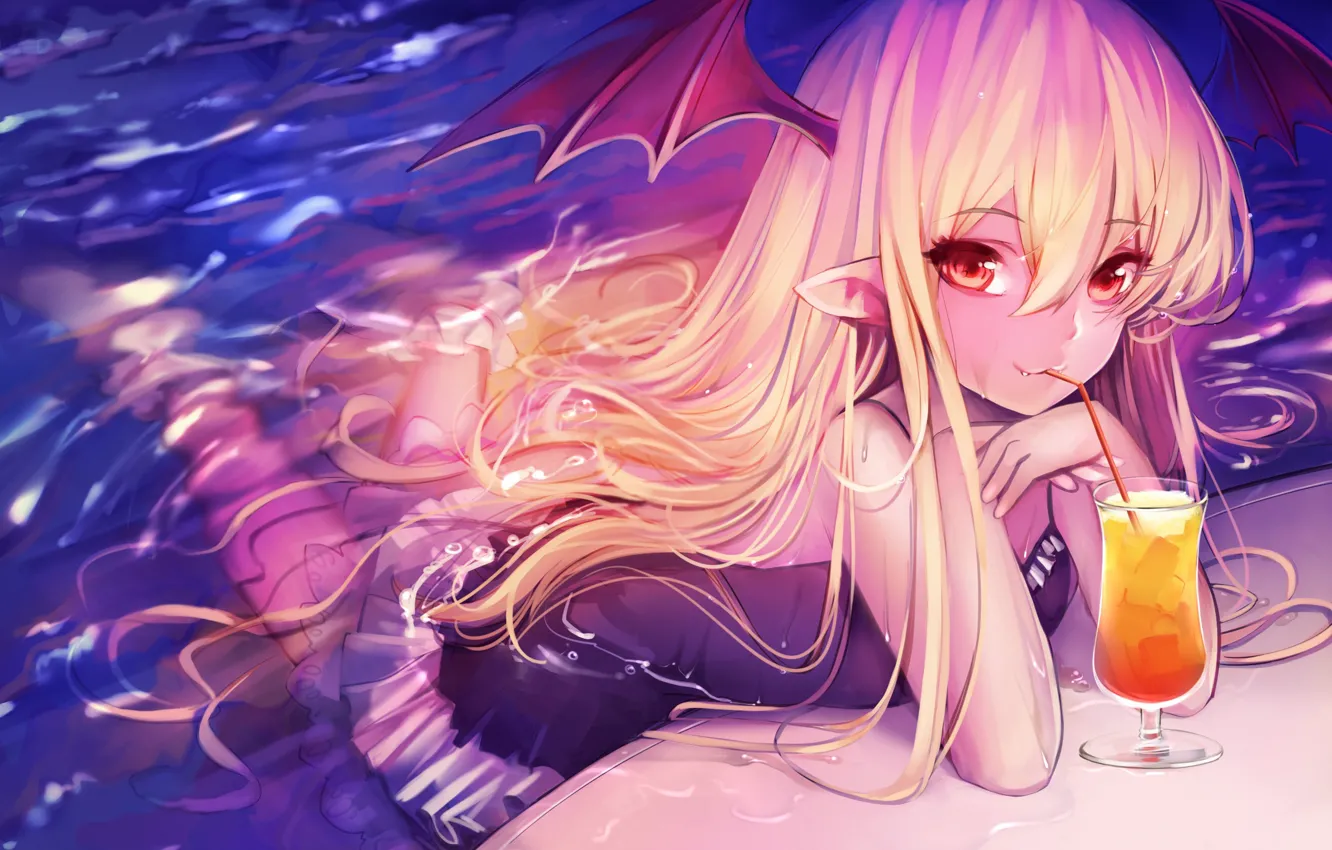 Photo wallpaper wet, long hair, girls, anime, red eyes, blonde, drink, elves