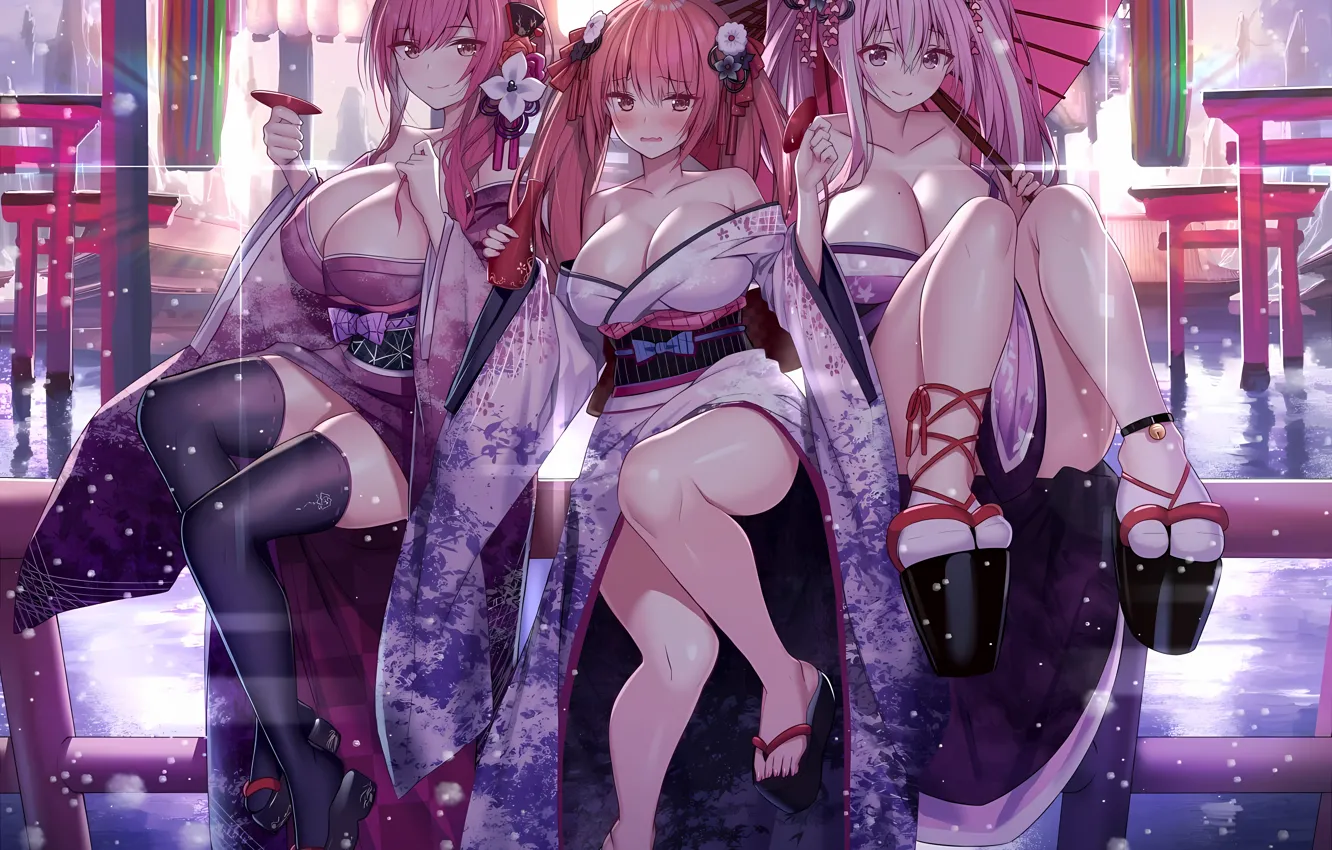 Photo wallpaper sexy, cleavage, thighhighs, pink hair, long hair, dress, legs, girls