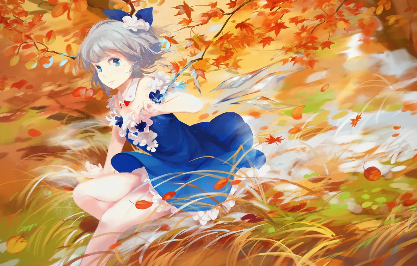Photo wallpaper autumn, grass, leaves, the wind, touhou, art, blue dress, Cirno