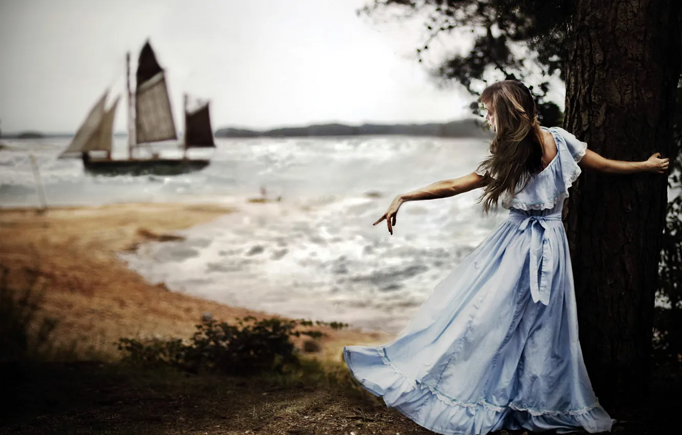 Photo wallpaper sea, girl, mood, sailboat