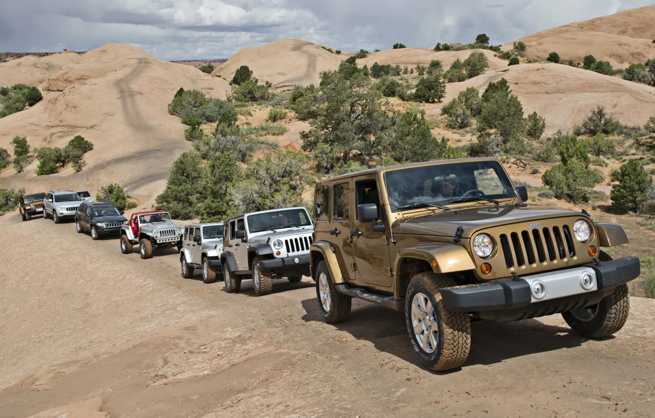 Photo wallpaper background, hills, Jeep, SUVs, lineup, Jeep