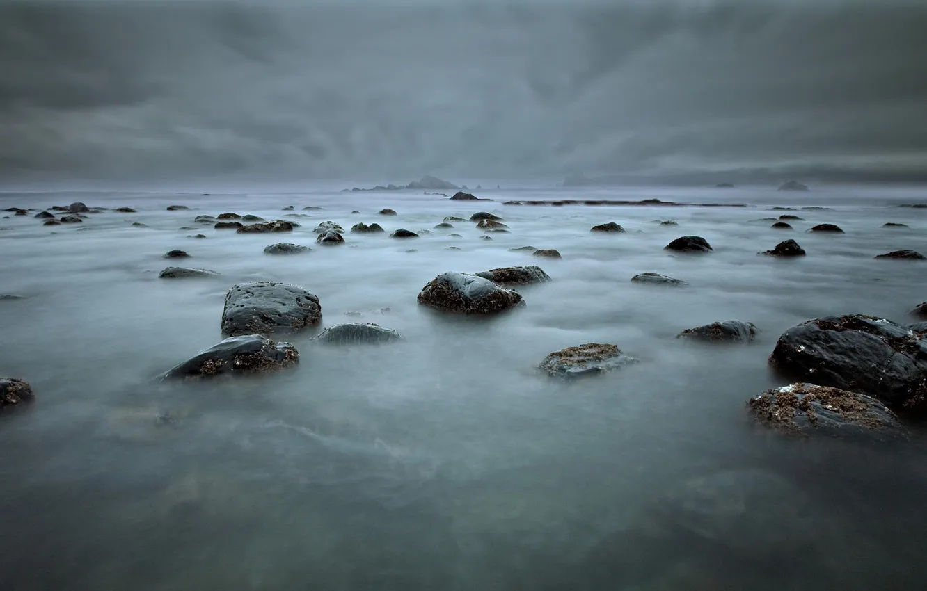 Photo wallpaper water, clouds, stones, Oregon