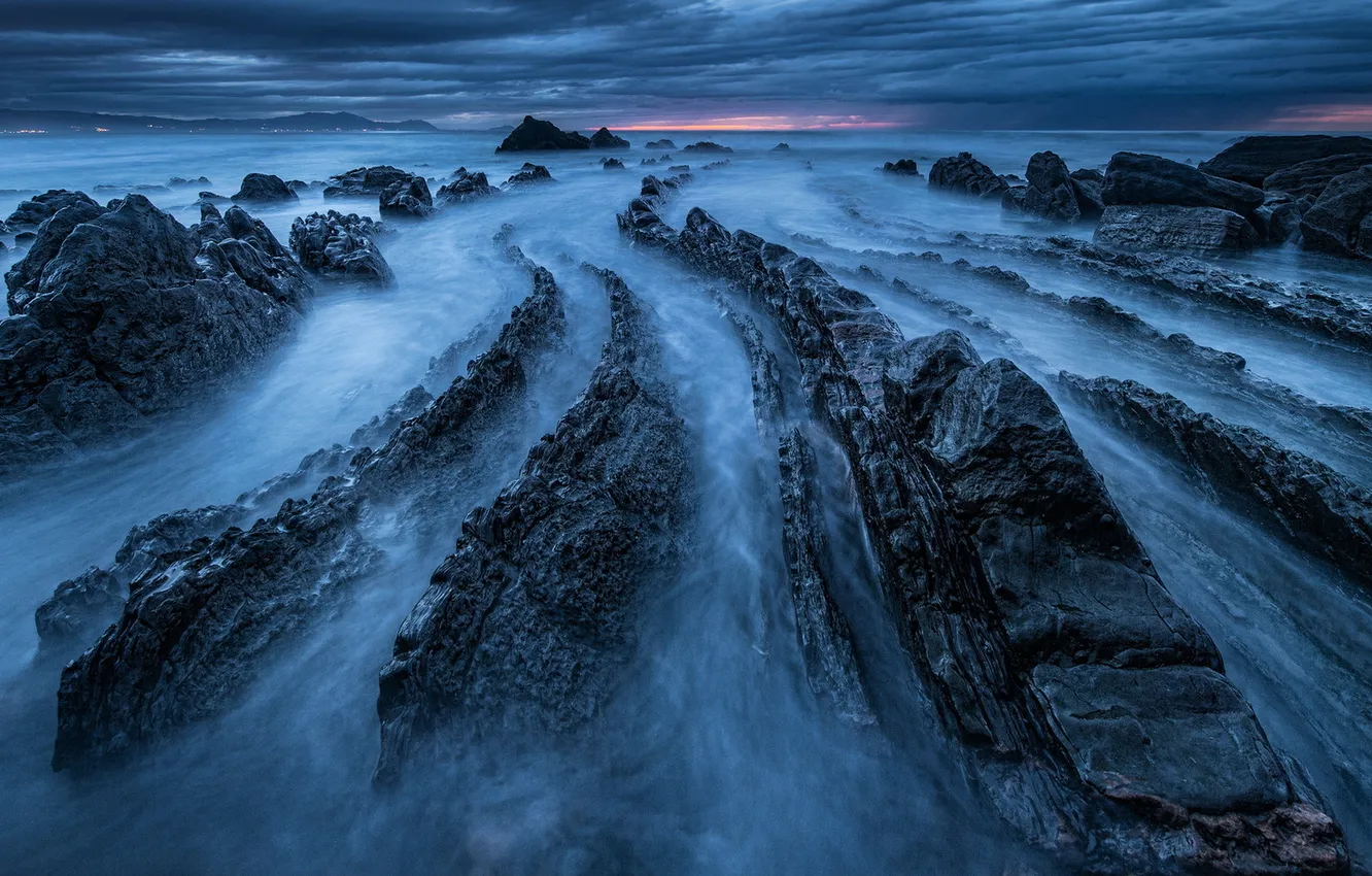 Photo wallpaper sea, landscape, night, rocks