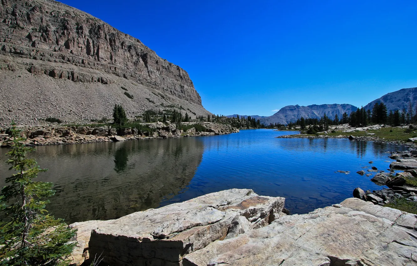 Photo wallpaper the sky, trees, mountains, lake, stones, rocks