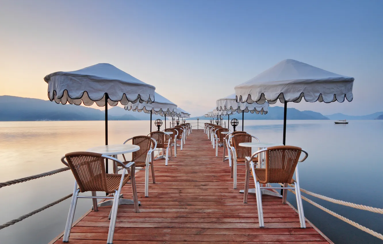 Photo wallpaper sea, pierce, umbrellas, resort, Turkey, tables