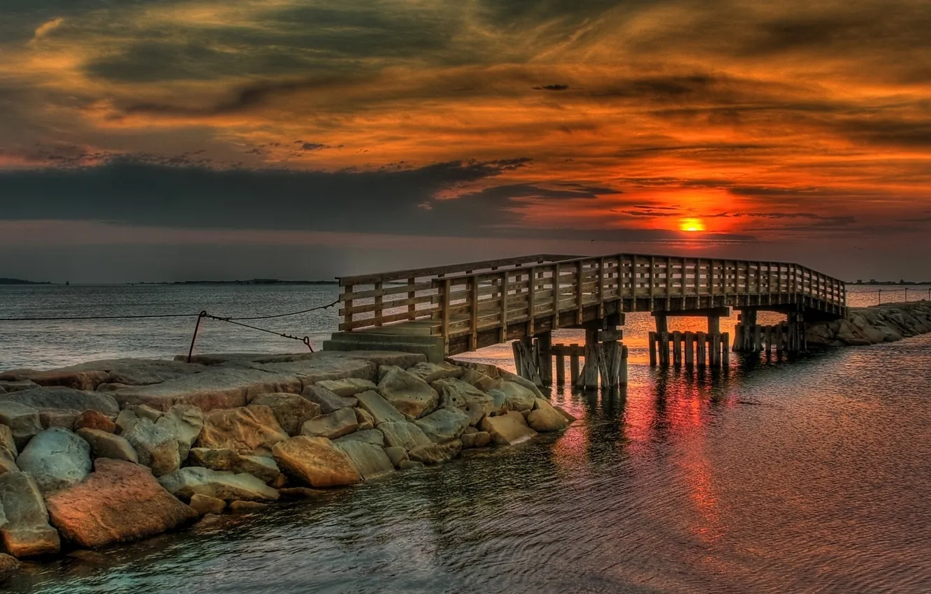 Photo wallpaper sea, sunset, bridge, nature