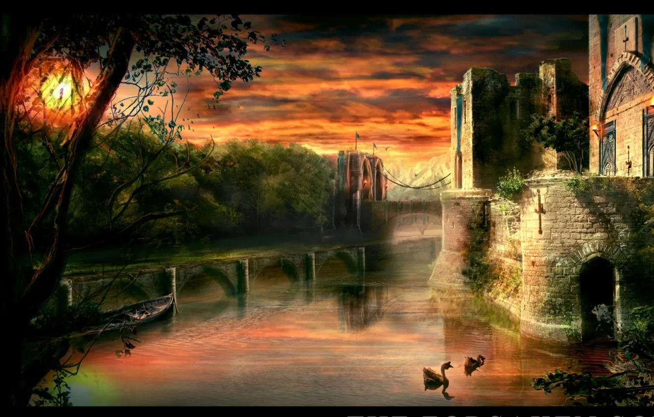 Photo wallpaper sunset, bridge, lake, castle, fantasy
