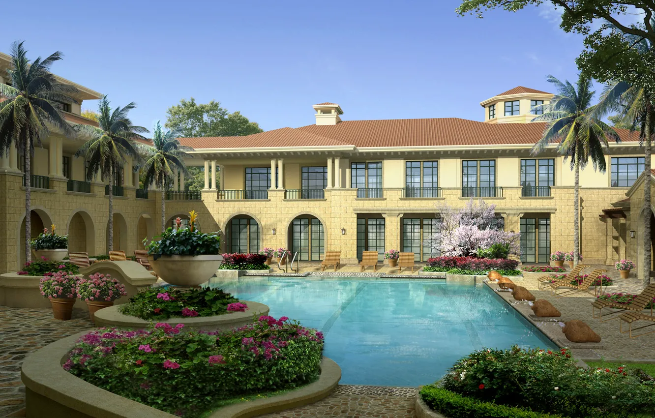 Photo wallpaper flowers, pool, fountain