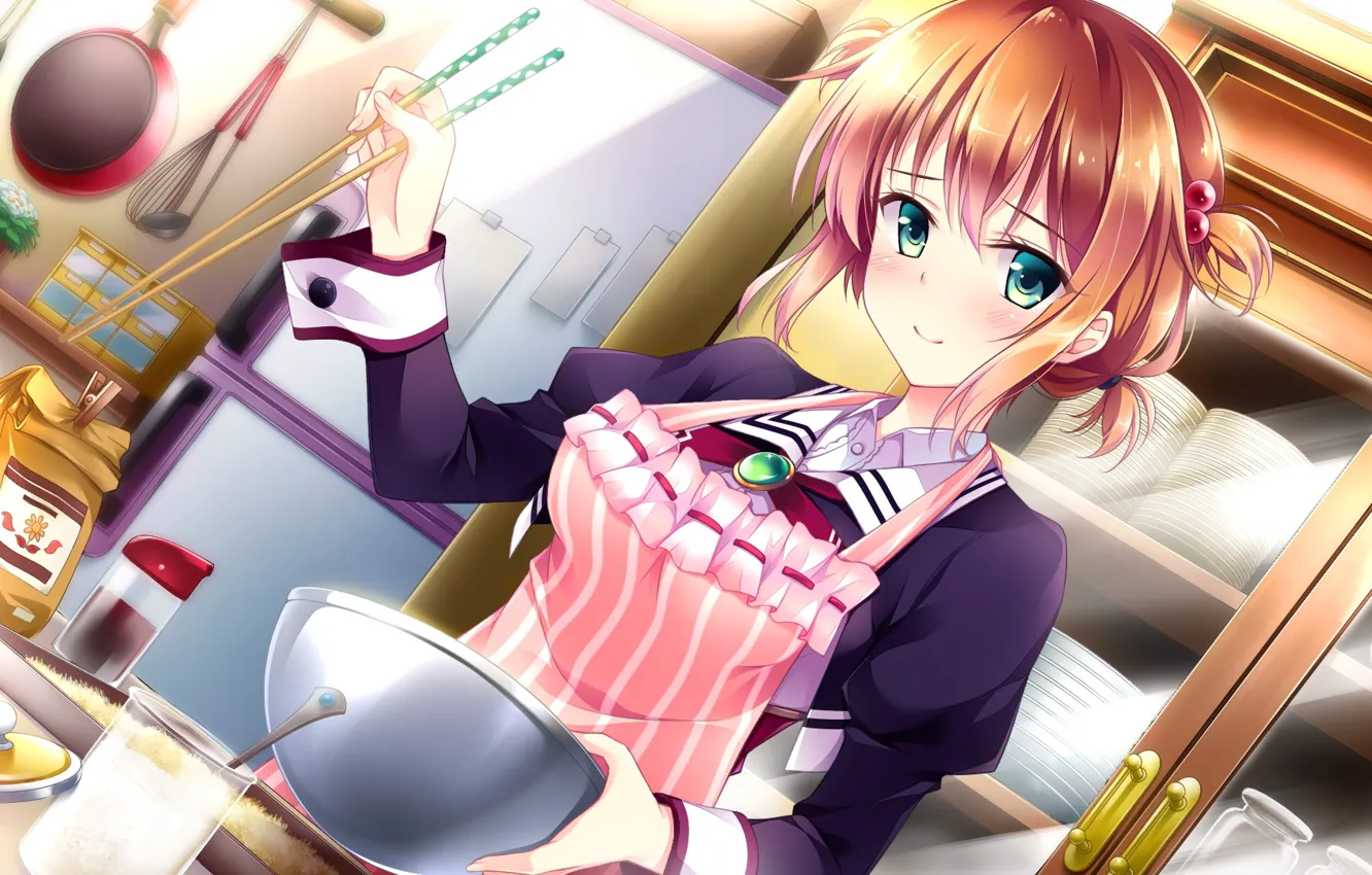 Photo wallpaper refrigerator, dishes, wardrobe, red, bowl, in the kitchen, apron, cooking