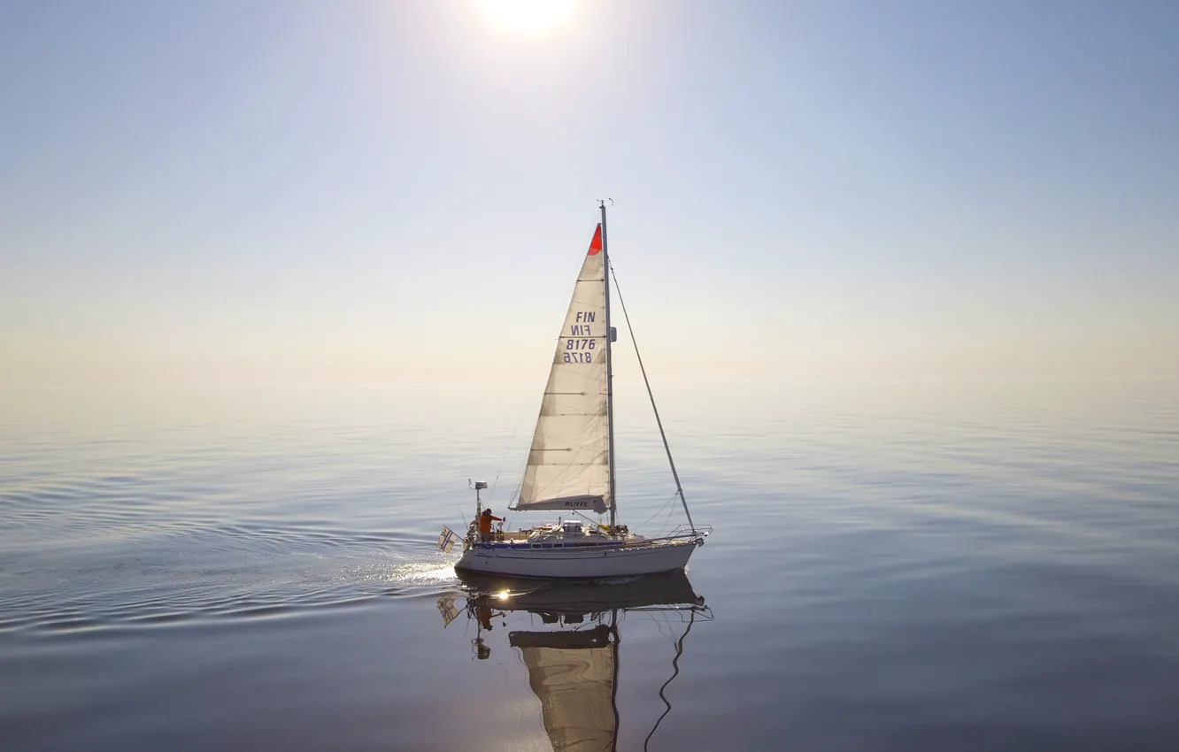 Photo wallpaper sea, the sun, boat, horizon, sail, haze, Northern voyages, Calm sailing on the Baltic Sea