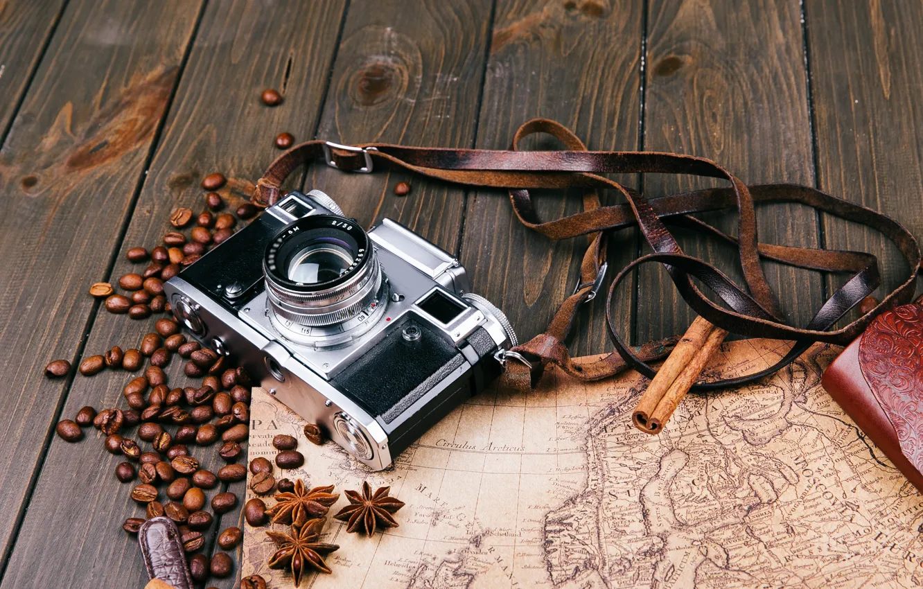 Photo wallpaper map, the camera, cinnamon, coffee beans, clove