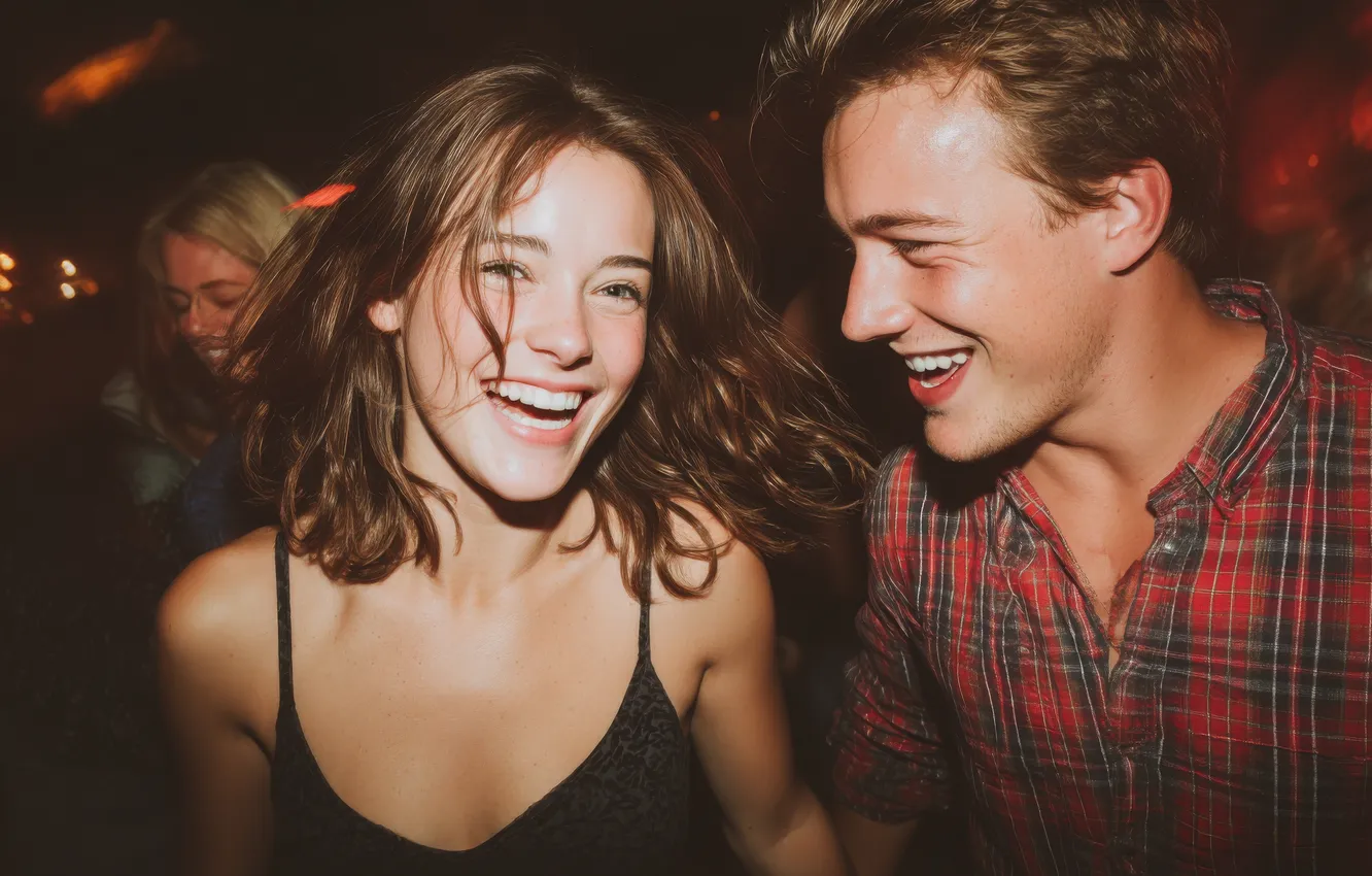 Photo wallpaper look, girl, light, pose, smile, the dark background, pair, guy