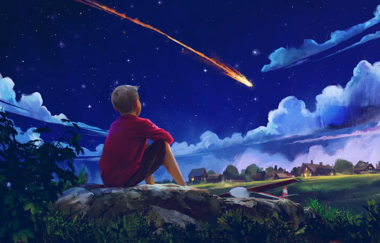 Photo wallpaper dream, boy, village, art, comet, USSR, the plane, Yuri Alekseyevich Gagarin