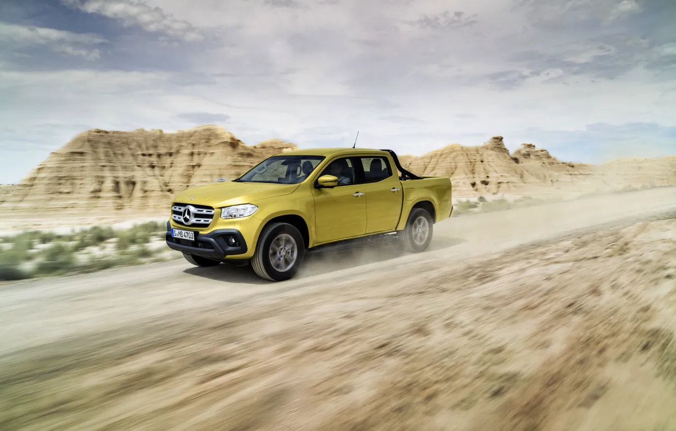 Photo wallpaper mountains, yellow, movement, vegetation, Mercedes-Benz, dust, plain, pickup