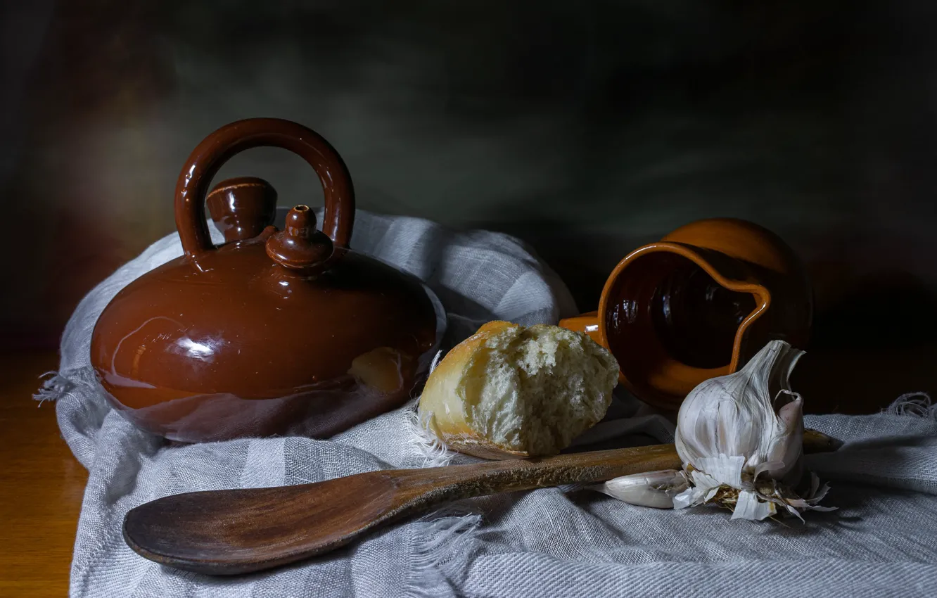 Photo wallpaper kettle, bread, pitcher, still life