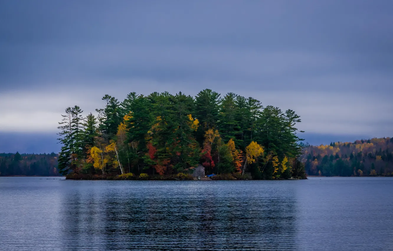 Photo wallpaper autumn, forest, the sky, trees, clouds, lake, island