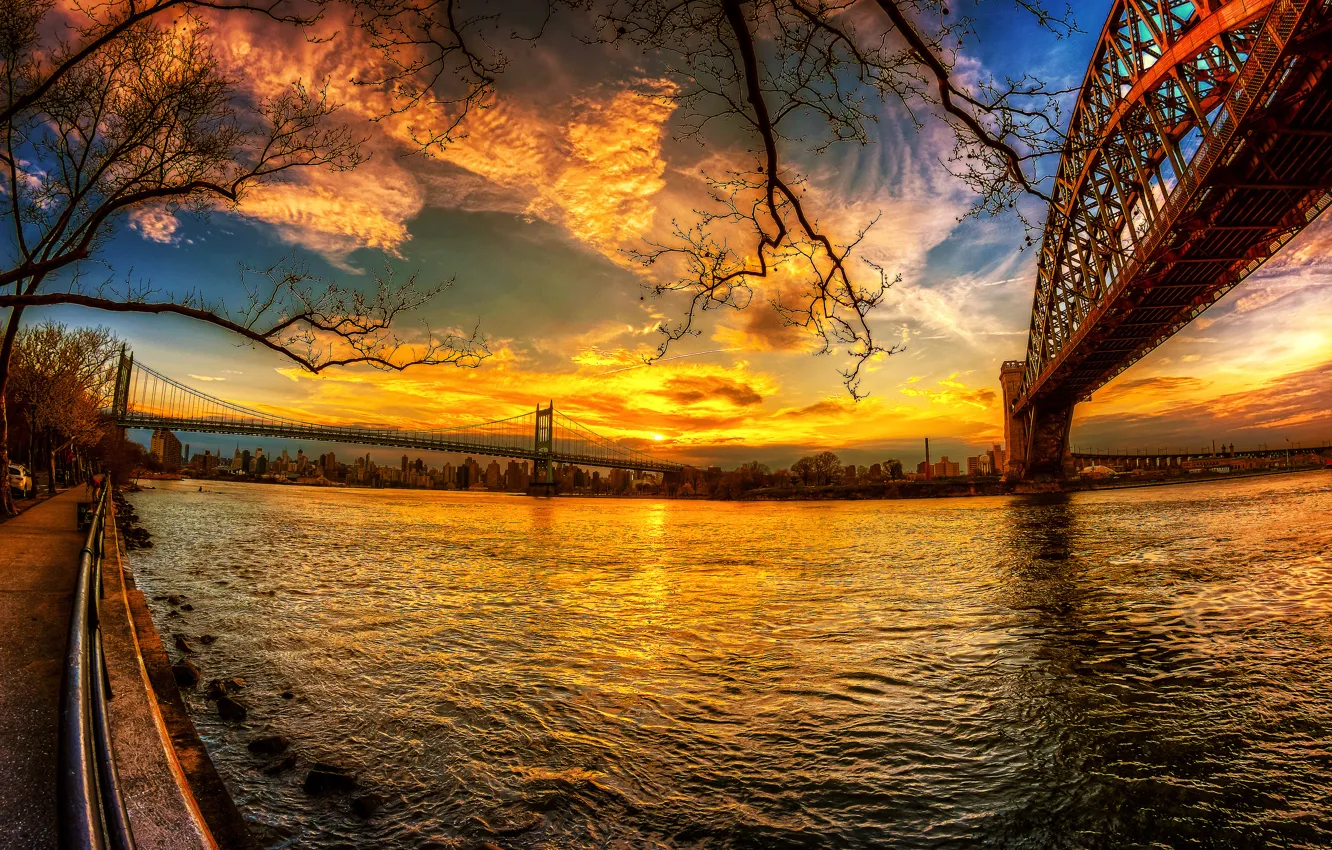 Photo wallpaper the sky, sunset, bridge, river