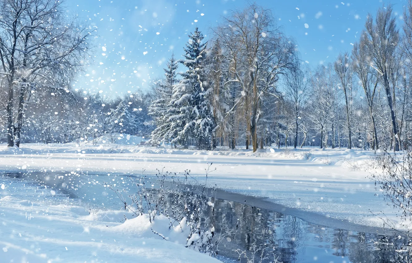 Photo wallpaper winter, the sky, snow, trees, landscape, nature, lake