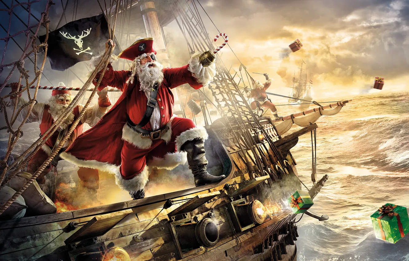Photo wallpaper pirates, frigate, Santa Claus, Santa Claus
