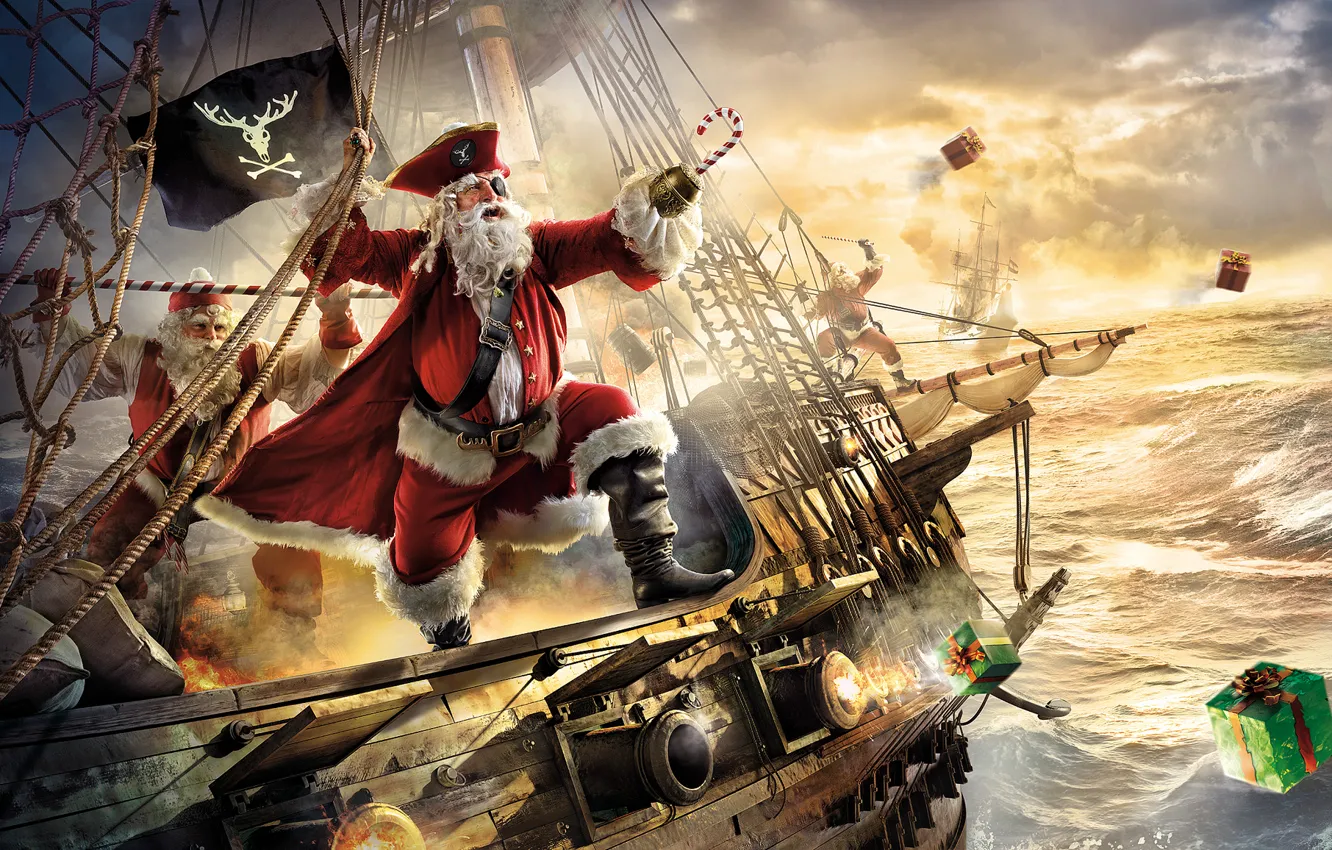 Photo wallpaper pirate, frigate, Santa Claus, Santa Claus