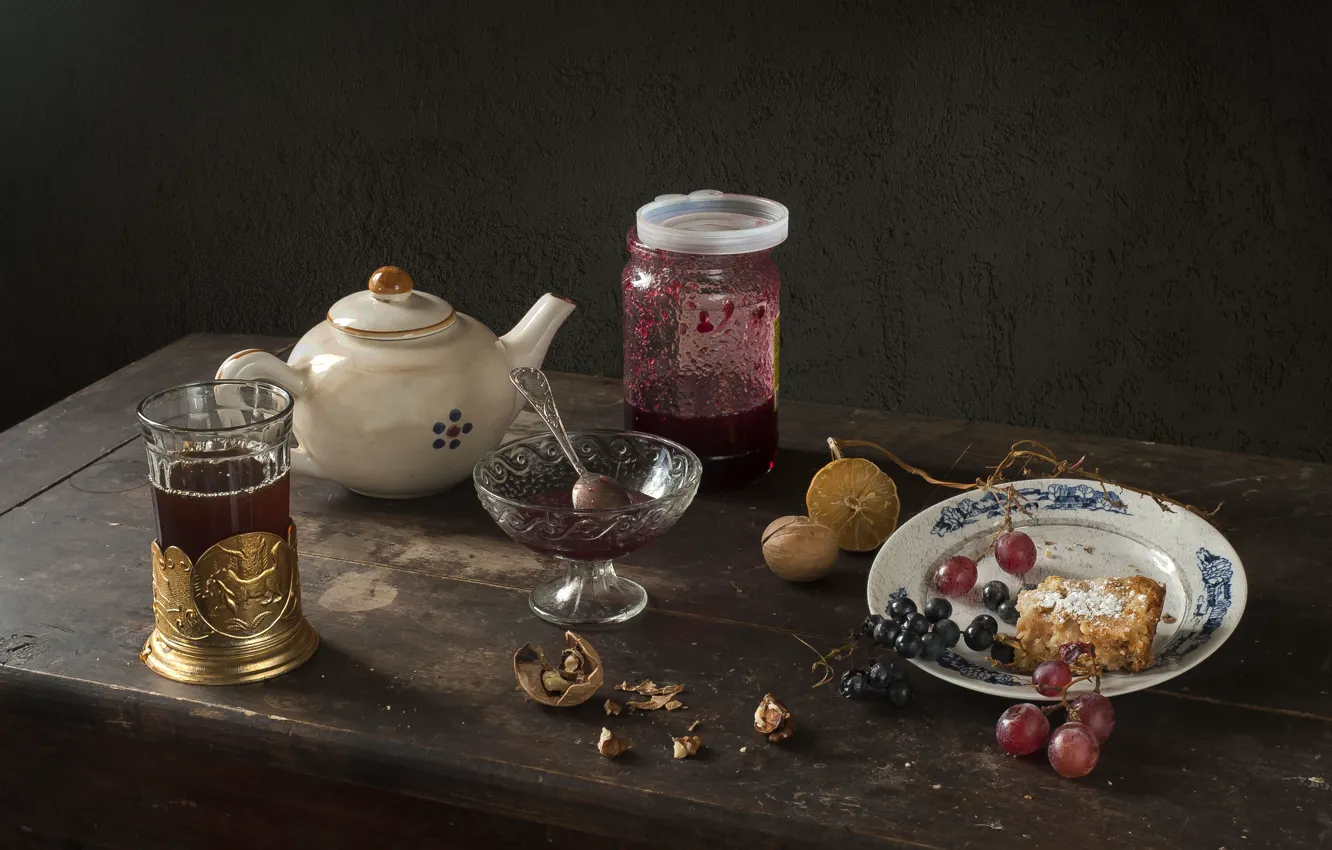 Photo wallpaper glass, berries, table, lemon, tea, black, kettle, cookies