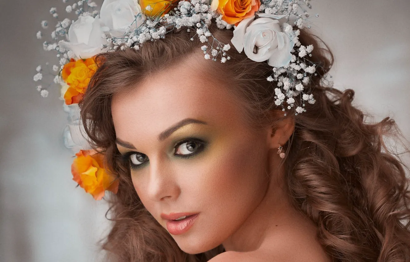 Photo wallpaper girl, flowers, model, portrait, wreath