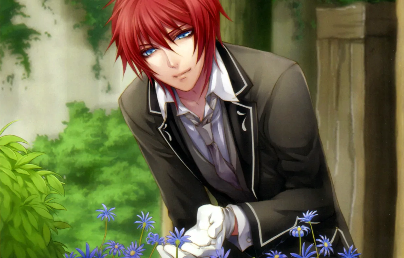 Photo wallpaper garden, tie, gloves, blue eyes, forget-me-nots, will, visual novel, will o`wisp