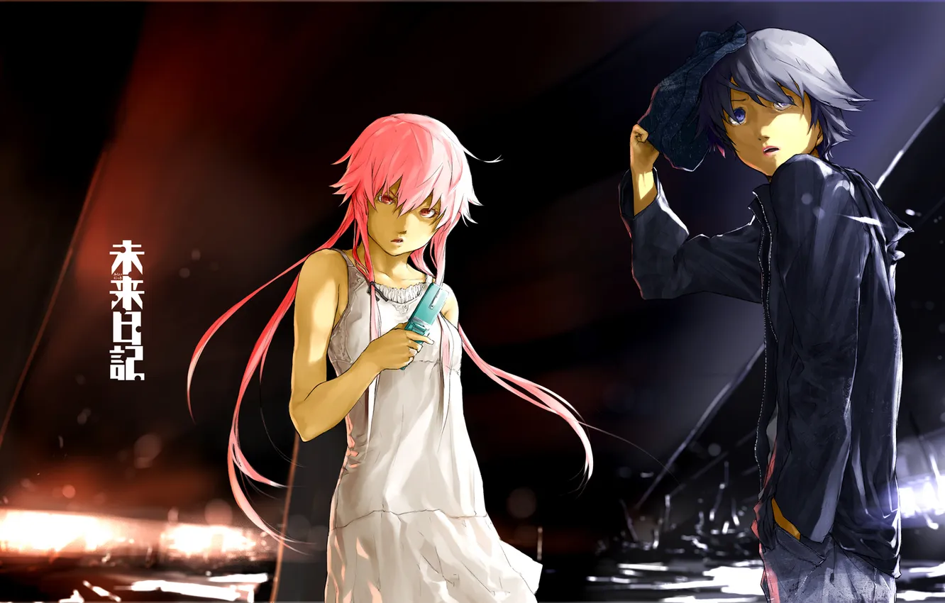 Photo wallpaper girl, art, phone, guy, cell phone, pink hair, Mirai Nikki, loundraw
