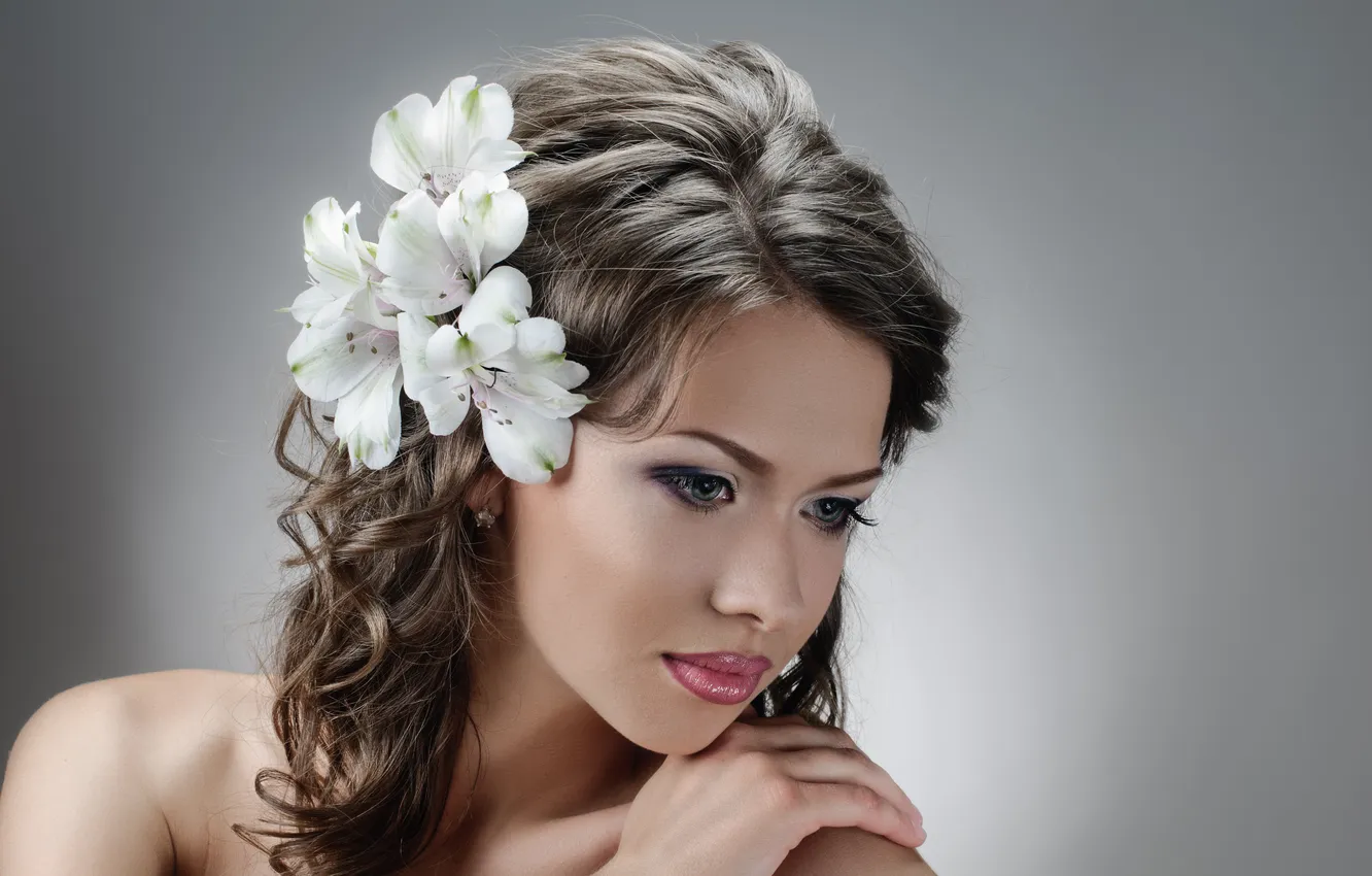 Photo wallpaper girl, flowers, reverie, brown hair, curls, charm