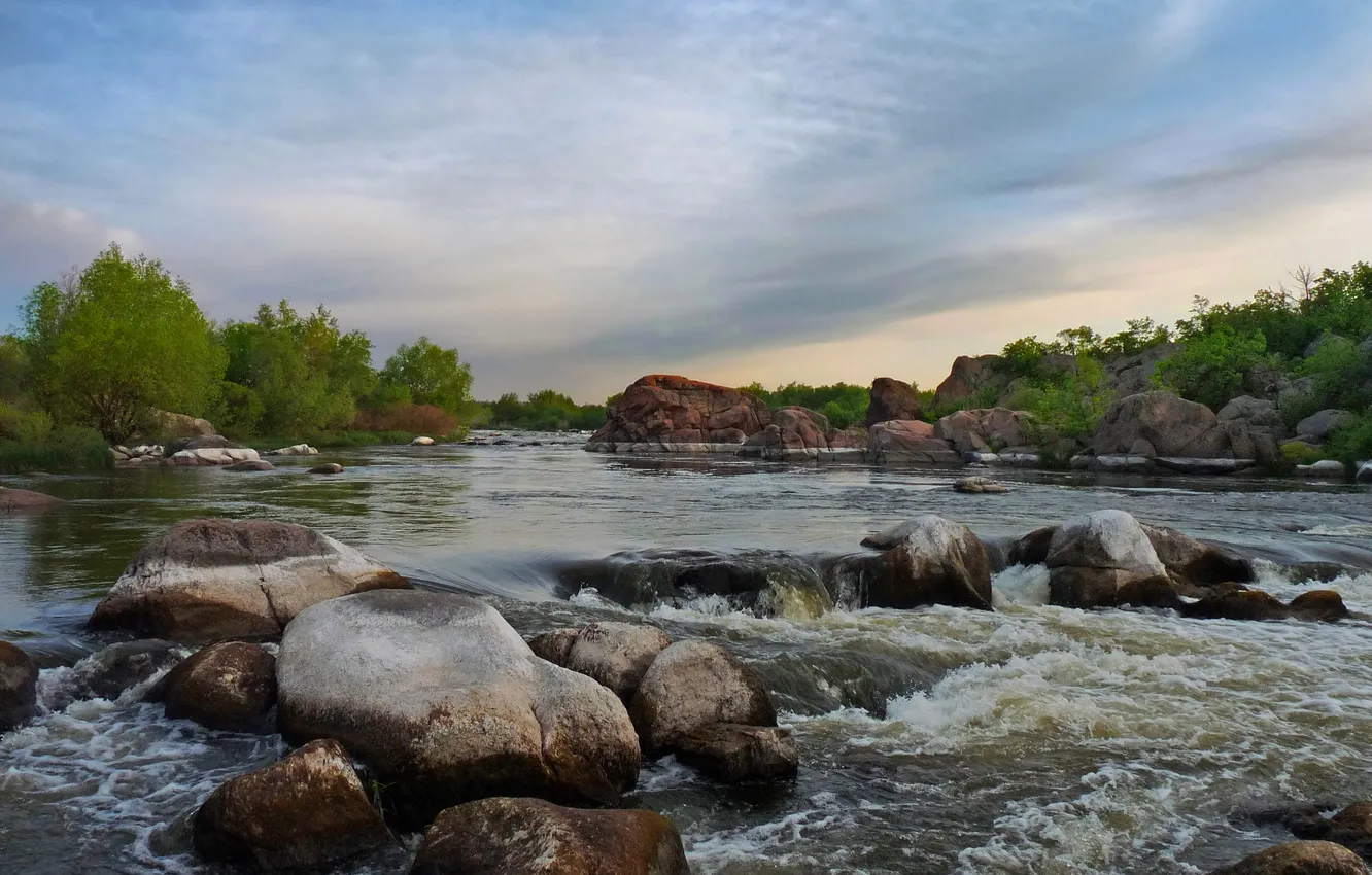 Photo wallpaper the sky, trees, river, stones, rocks, stream, thresholds, boulders