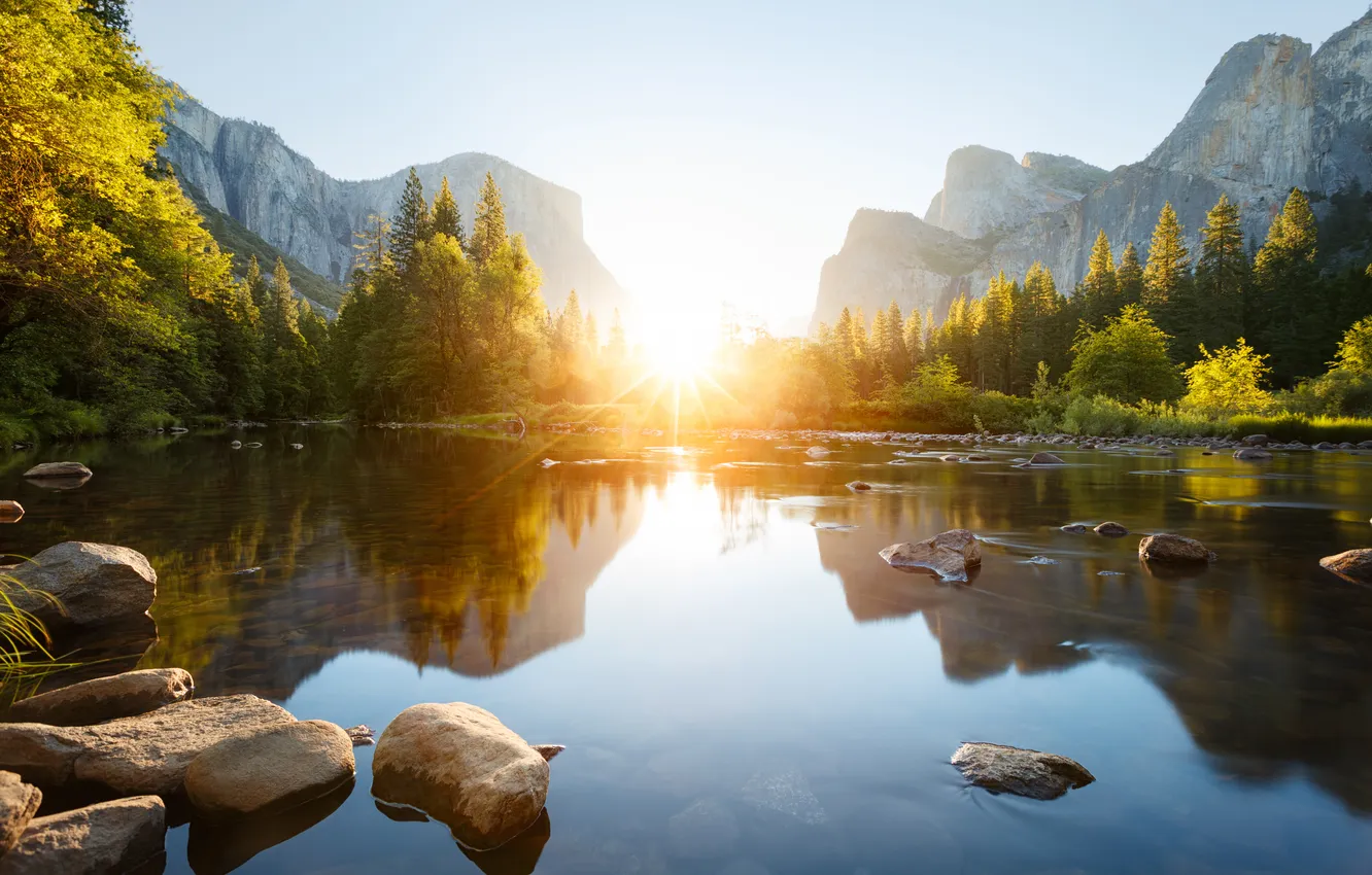 Photo wallpaper the sun, mountains, lake, dawn
