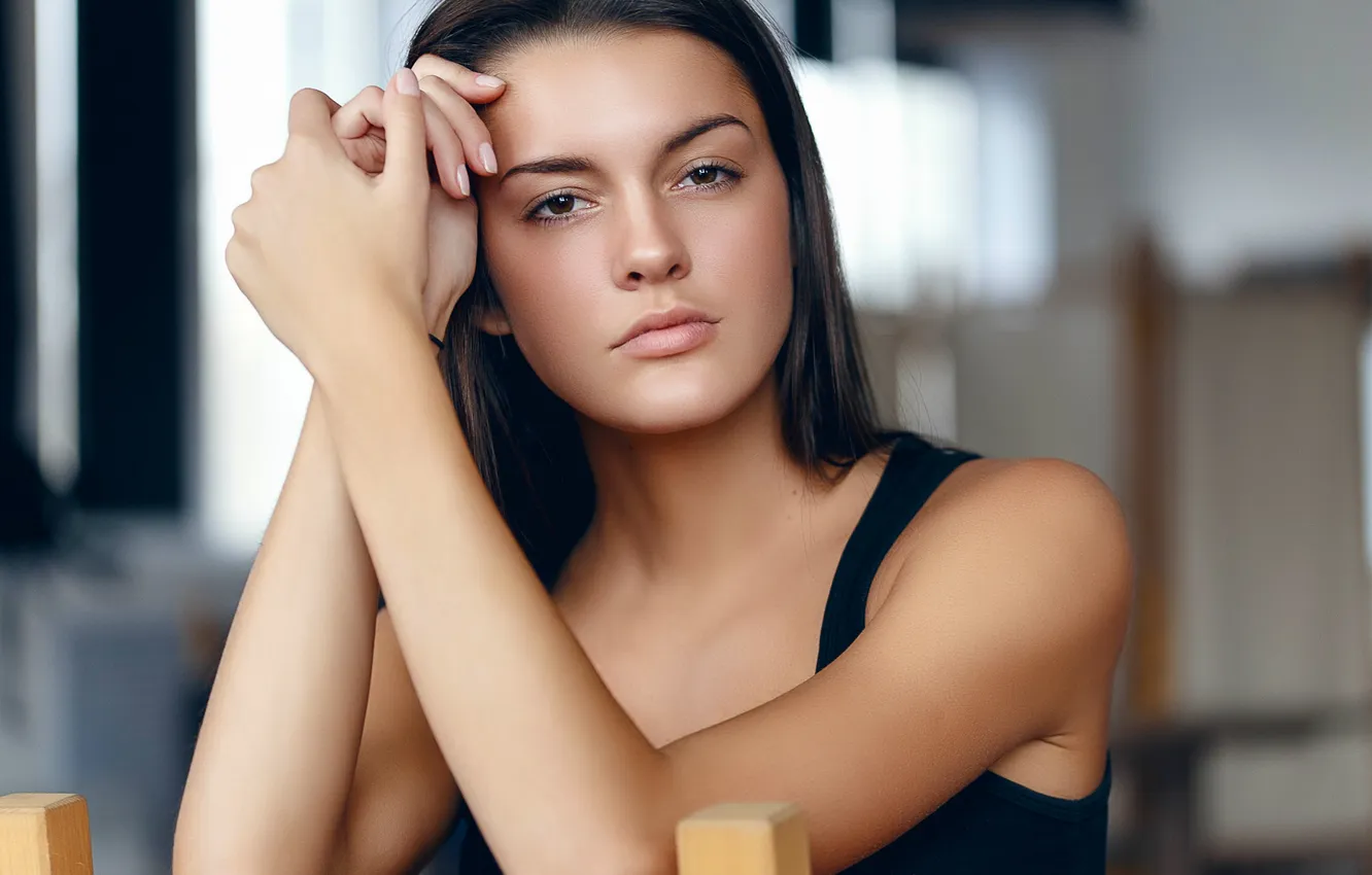 Photo wallpaper eyes, face, pose, background, portrait, hands, lips, the expression