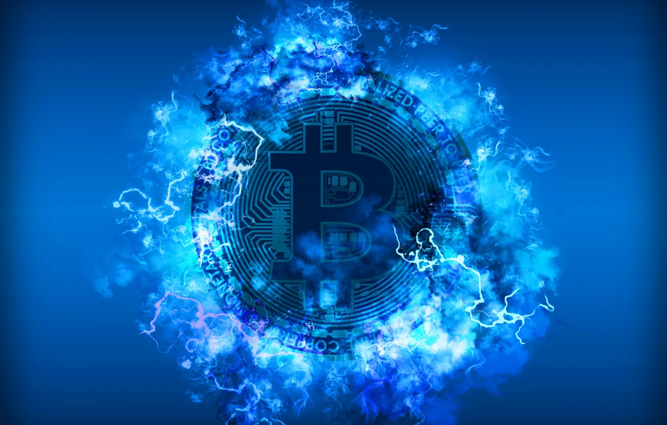 Photo wallpaper blue, lightning, blue, fon, coin, bitcoin, bitcoin, btc