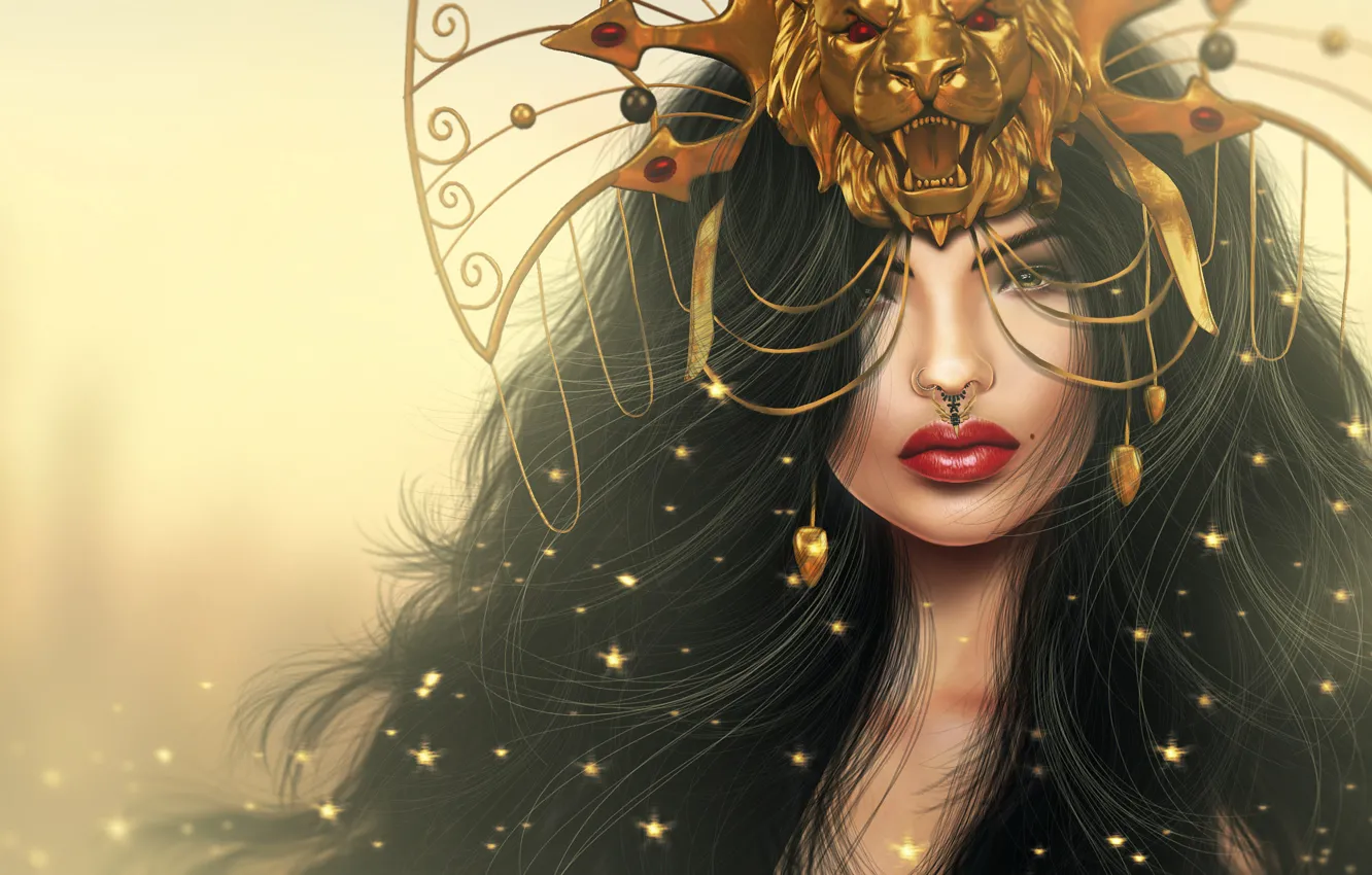 Photo wallpaper look, girl, decoration, face, rendering, background, hair, brunette