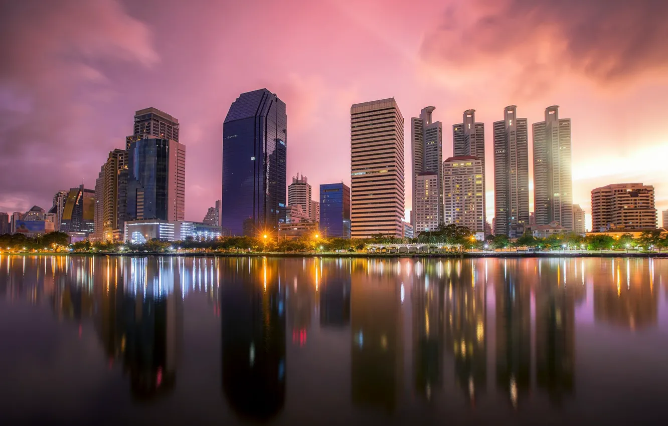 Photo wallpaper the city, lights, lake, reflection, building, the evening, Thailand, Thailand