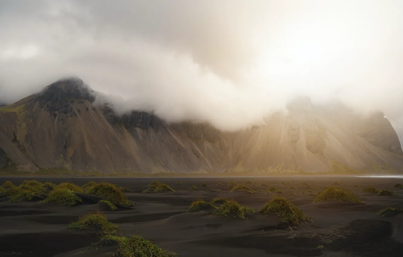 Photo wallpaper sand, greens, clouds, mountains, shore, vegetation, shrub
