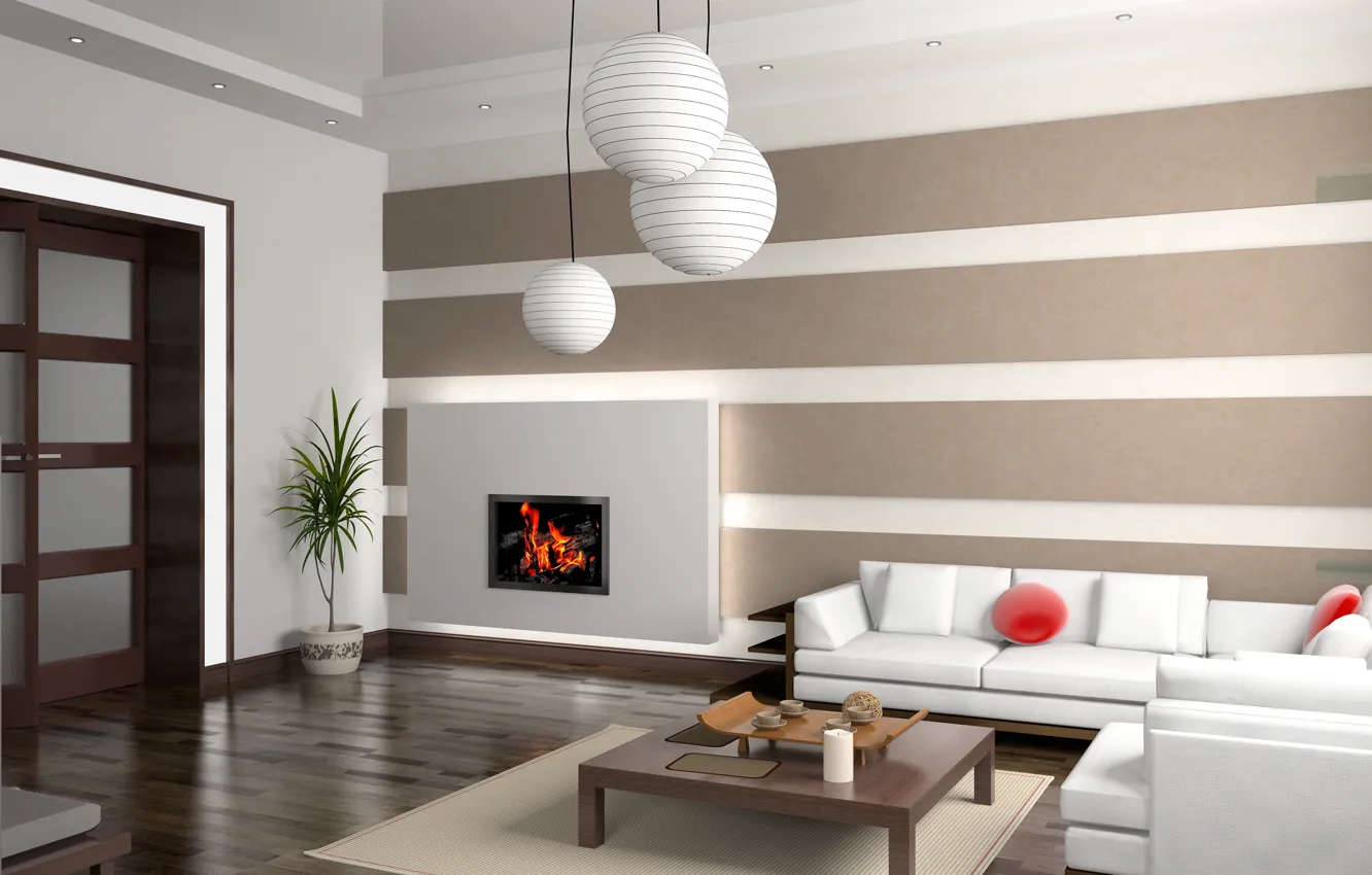 Photo wallpaper design, style, interior, fireplace, sofa, salon, table, living room
