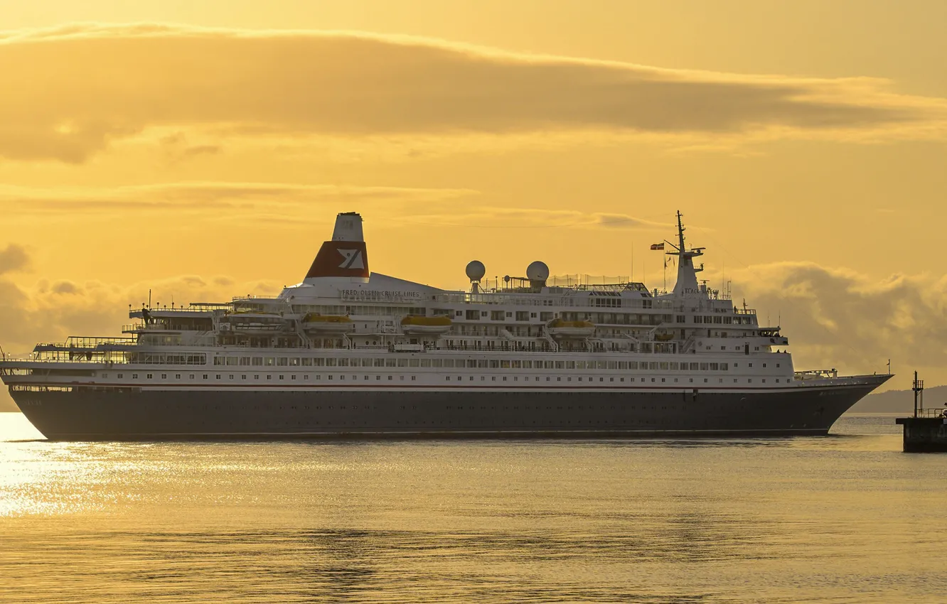 Photo wallpaper sea, the sky, sunset, ship, liner