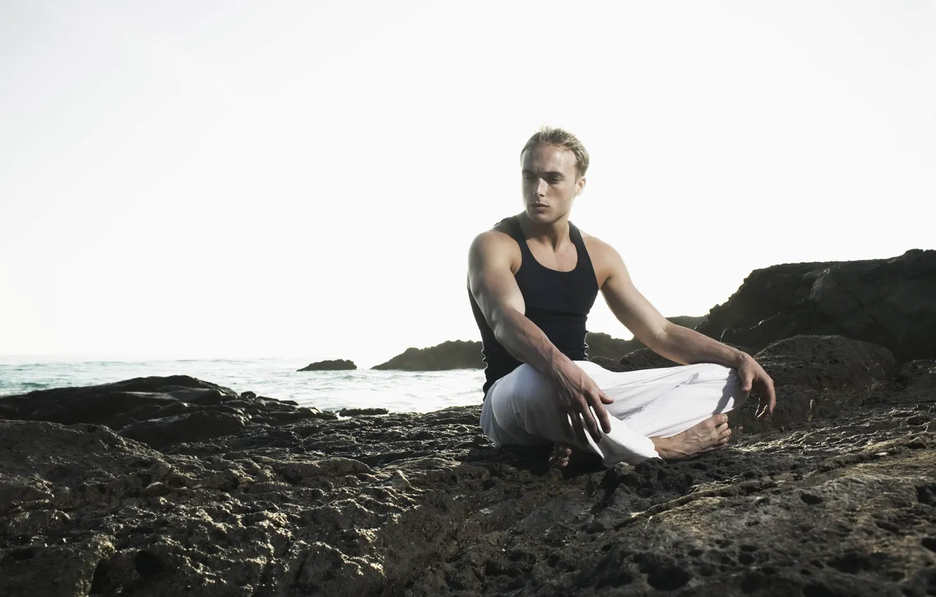 Photo wallpaper summer, the sky, stones, guy, sitting