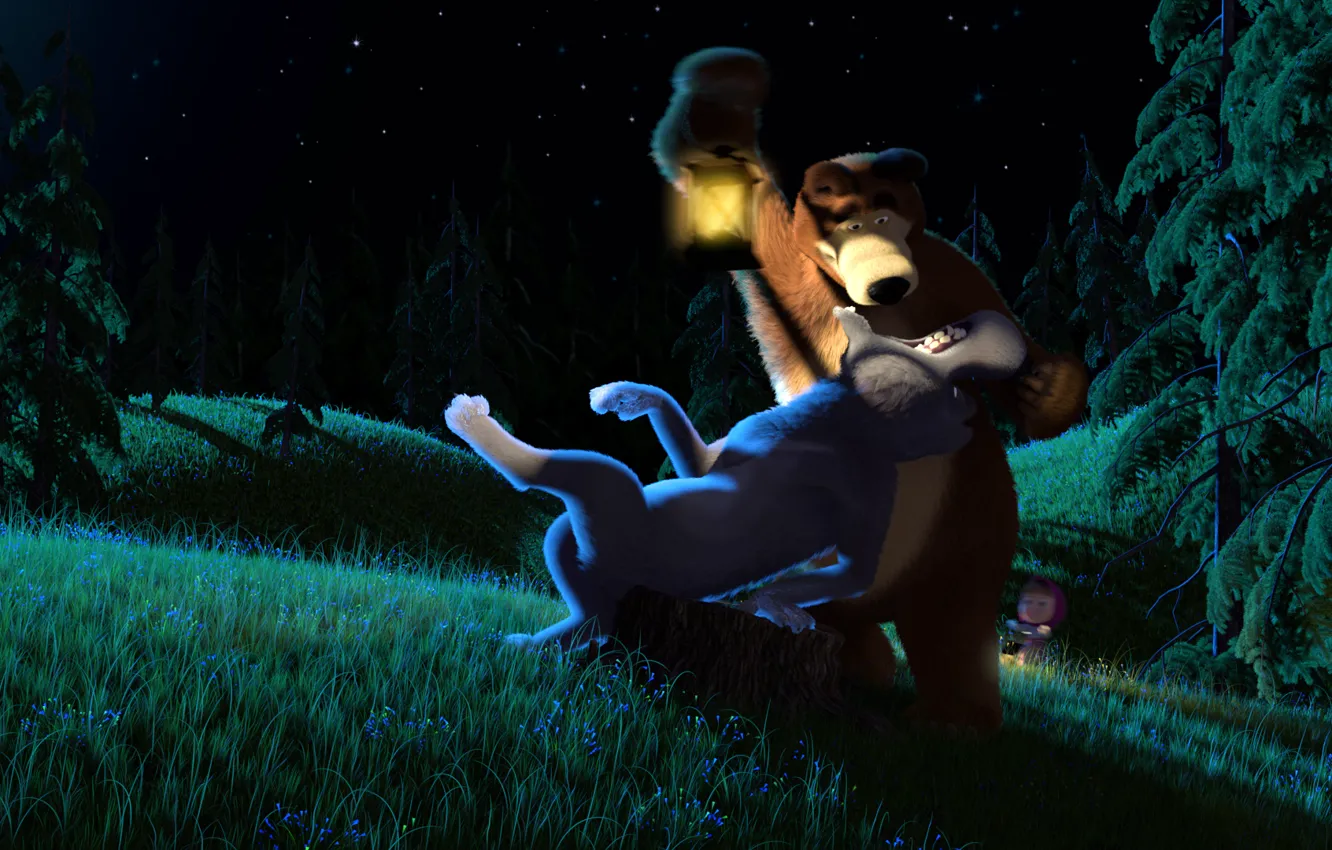 Photo wallpaper search, wolf, bear, mouth, lantern, Masha and the bear, The animated series
