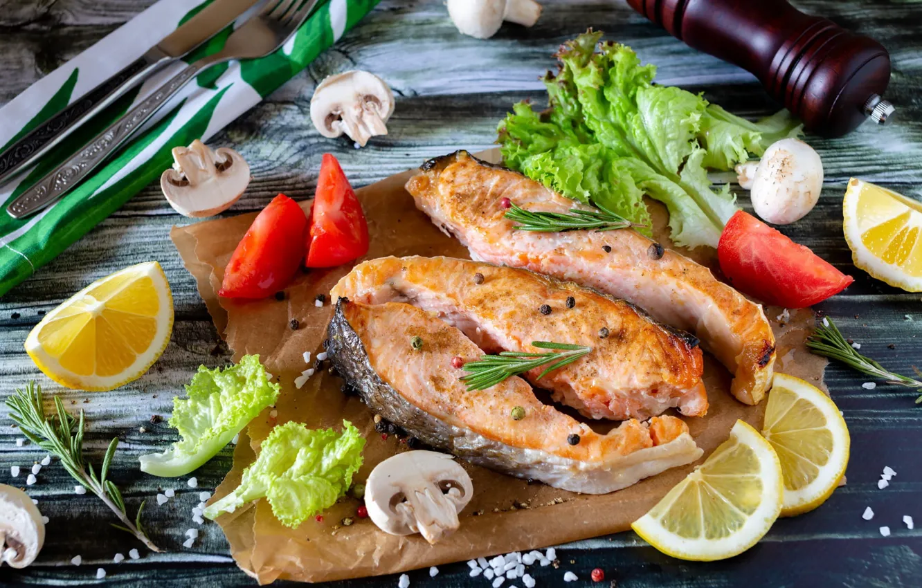 Photo wallpaper leaves, lemon, mushrooms, fish, knife, plug, tomatoes, delicious