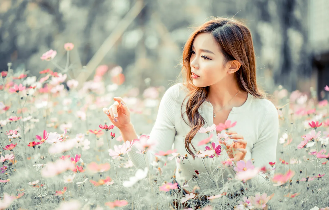 Photo wallpaper girl, flowers, Asian, cutie, bokeh