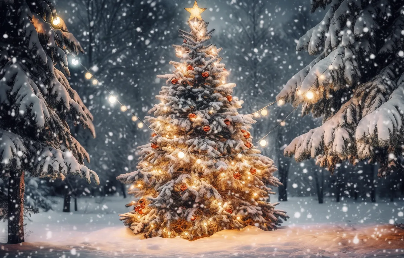 Photo wallpaper winter, forest, snow, decoration, night, lights, lights, tree