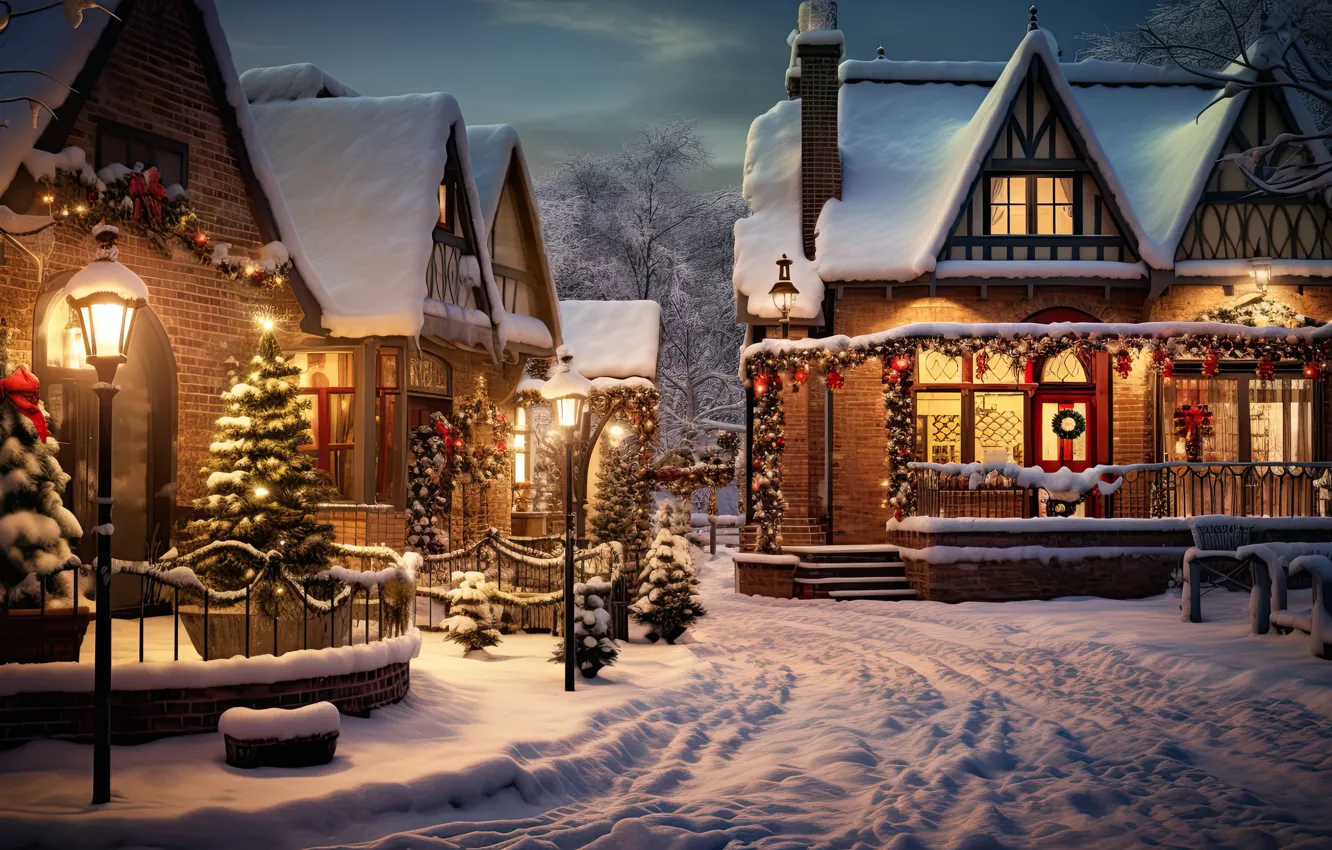 Photo wallpaper winter, snow, decoration, night, the city, lights, street, tree