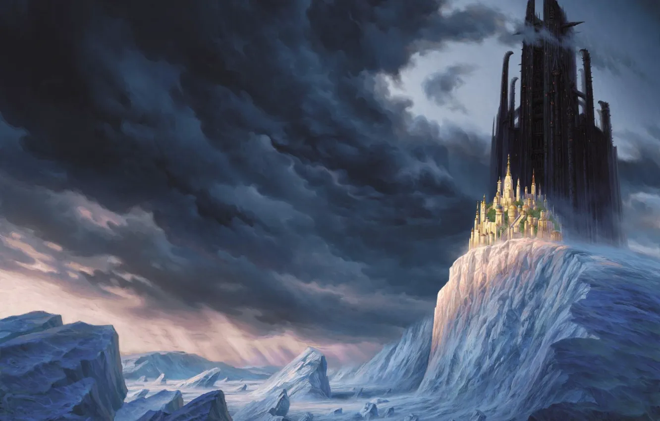 Photo wallpaper winter, clouds, snow, mountains, castle, rock