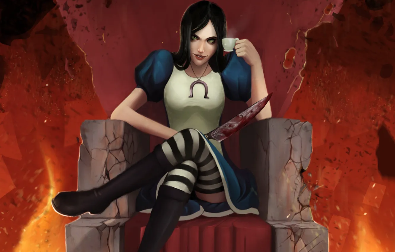 Photo wallpaper girl, cracked, tea, blood, art, knife, mug, the throne