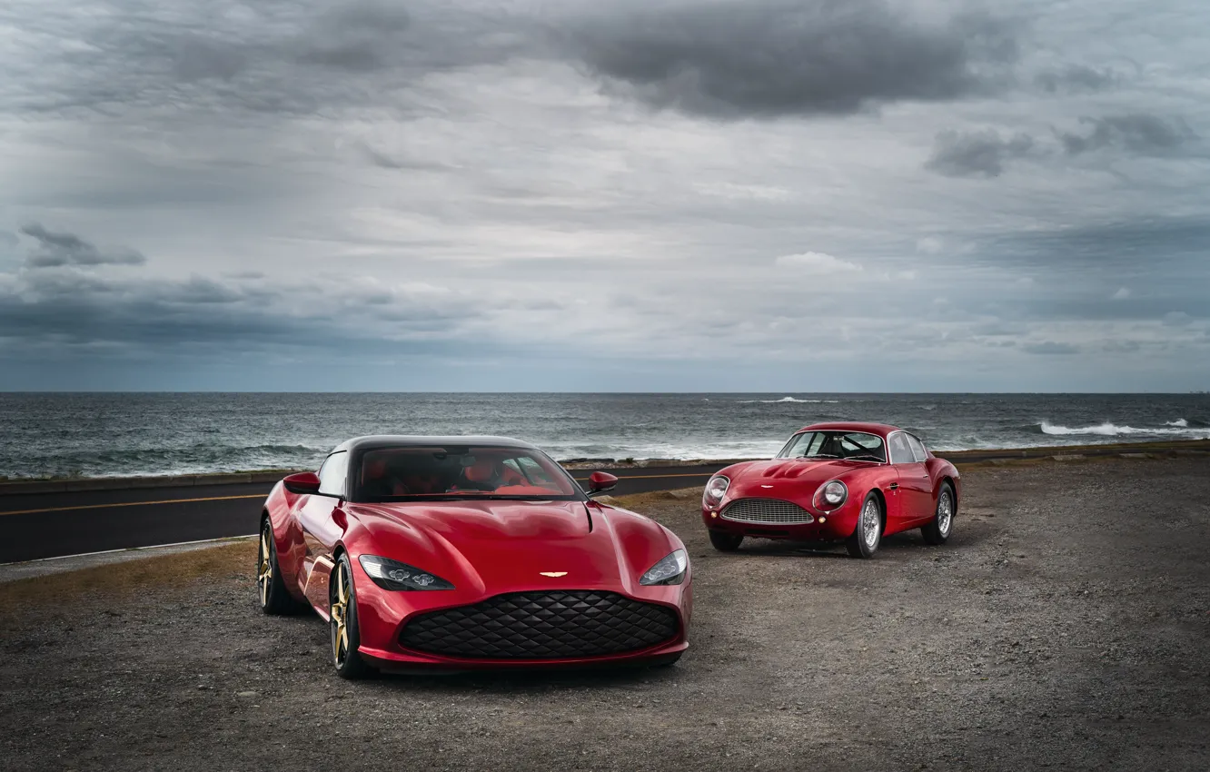 Photo wallpaper Aston Martin, red, on the shore, Zagato, 2020, DB4 GT Zagato Continuation, DBS GT Zagato