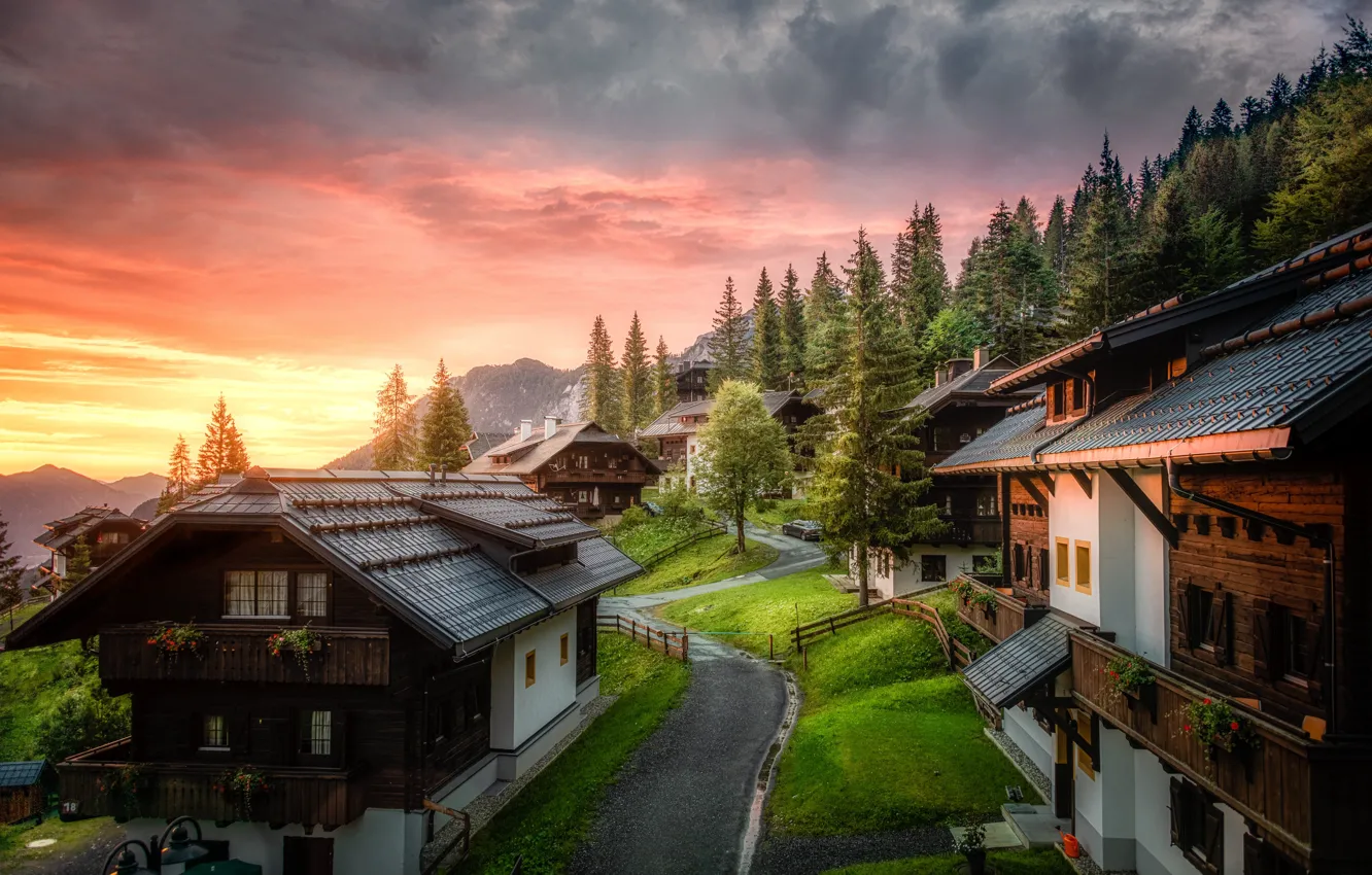 Photo wallpaper landscape, mountains, nature, home, morning, Austria, village, track