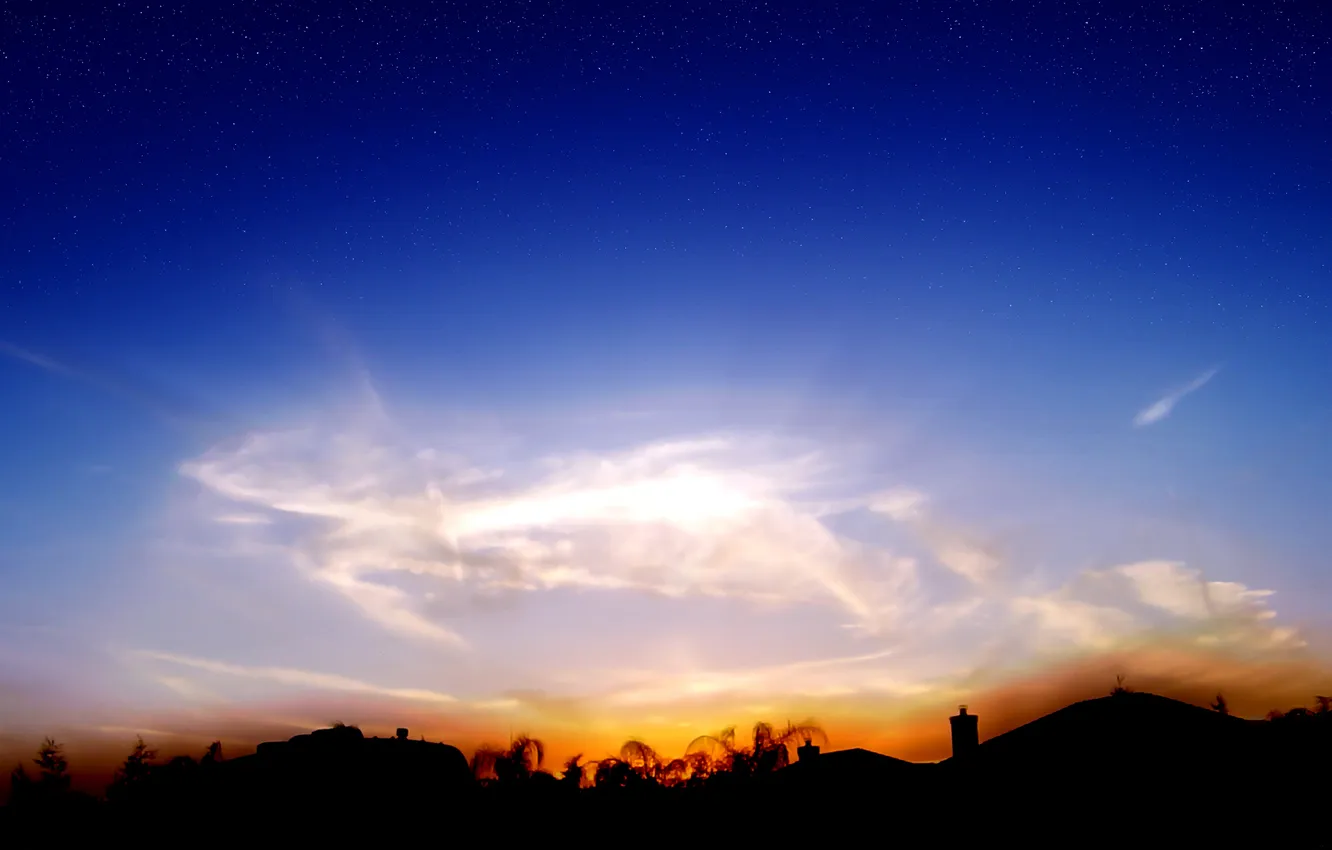 Photo wallpaper roof, the sky, clouds, trees, sunset, silhouette