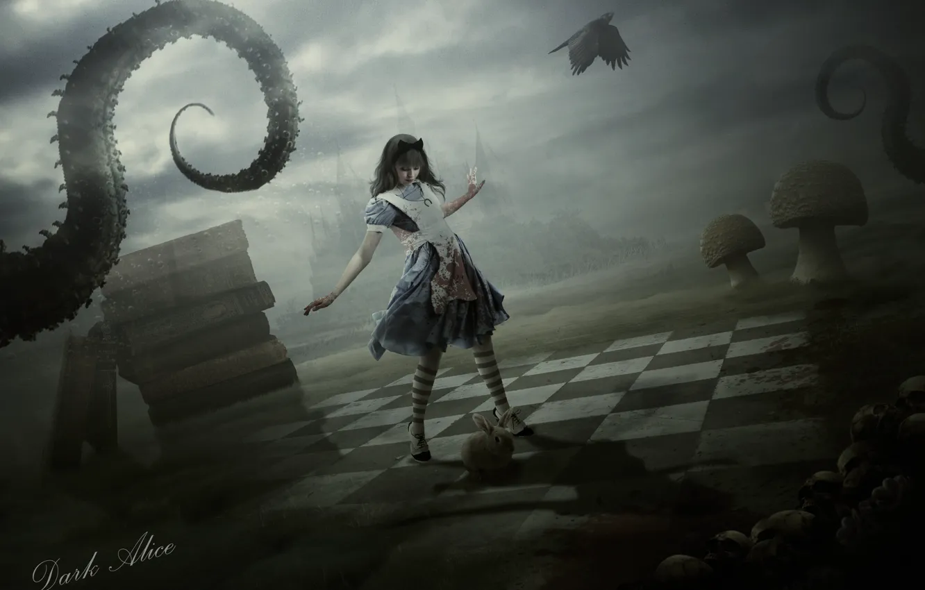Photo wallpaper girl, castle, mushroom, books, rabbit, dress, skull, tentacle